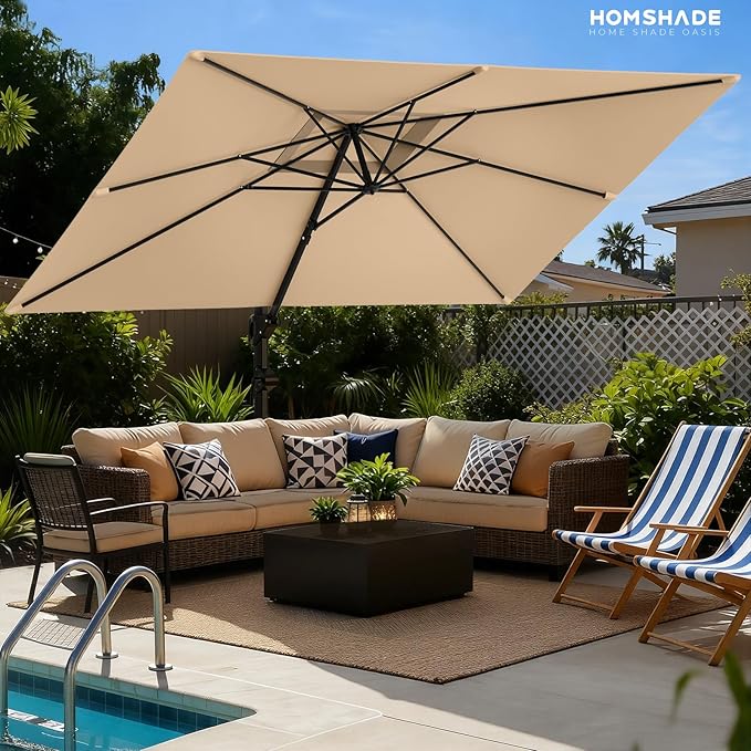 HOMSHADE 9x12FT Cantilever Patio Umbrella Outdoor with Base- Large Offset Heavy-Duty Aluminum Umbrella with 360° Rotation, 6 Tilts, Windproof, 3-Year Fade Resistance for Pool Deck, Rectangular, Beige