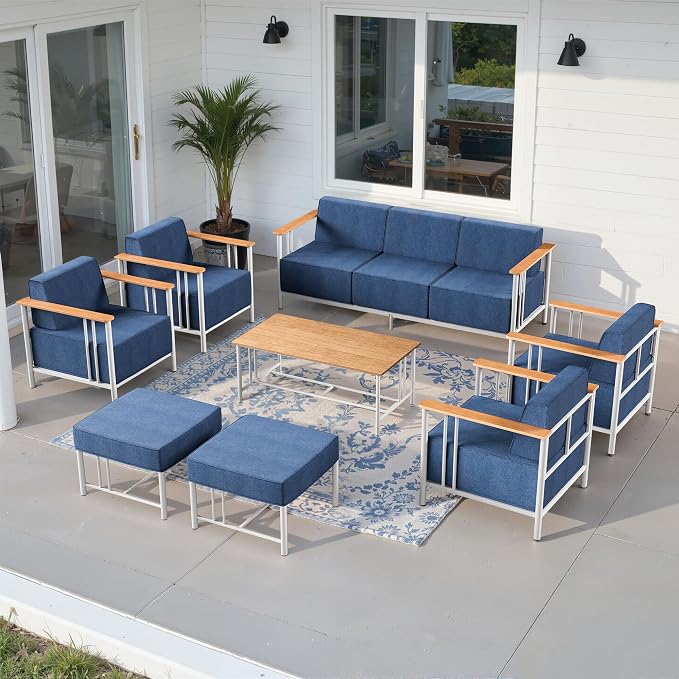 Luxury Patio Furniture Set with 10" Extra Thick Cushions, 8 PCS Outdoor Furniture Set with Patio Chairs & Couch & Coffee Table, Suitable for Porch, Balcony, Deck, Yard, Poolside, White/Blue