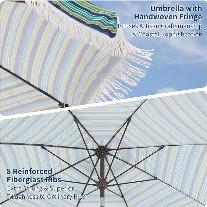 Garvee 10FT Fringe Patio Umbrella with Crank Handle, Push Button Tilt for Sun Shade, 8 Fiberglass Ribs,1.5"D Premium Steel Pole, Outdoor Large Tassel Umbrella for Patio Beach Pool Backyard,10' Stripe