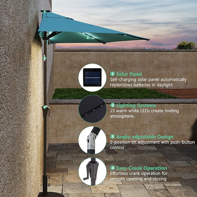 Helios&Hestia 9 ft Small Half Round Solar Powered Wall Outdoor Market Patio Umbrella with LED Lights and Tilt for Garden, Deck, Balcony