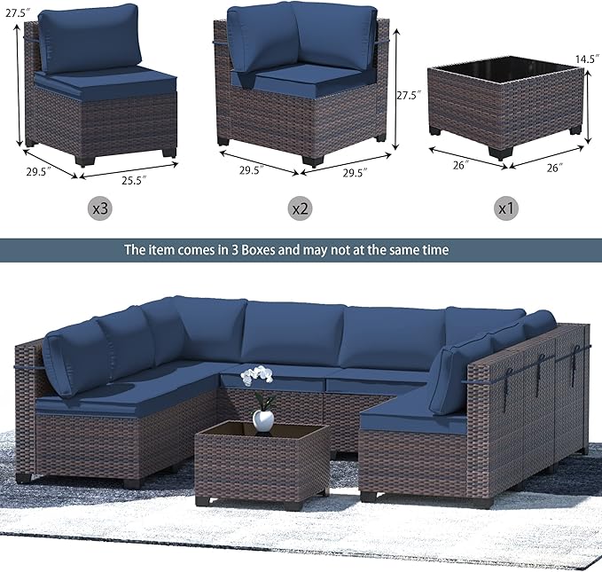 9 Pieces Outdoor Patio Furniture Set,Outdoor Sectional Furniture All Weather PE Rattan Wicker Patio Conversation Set with Coffee Table and 8 Thickened Cushions,Navy Blue