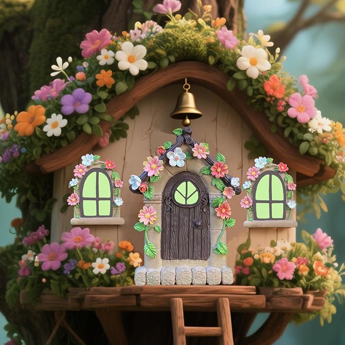 FESTGLOX Fairy Garden Door and Windows for Trees Outdoor, Glow in The Dark | Fairy Garden Door House Kit Miniature Accessories for Tree Trunk, Gnome, Outdoor Yard, Stump, Lawn