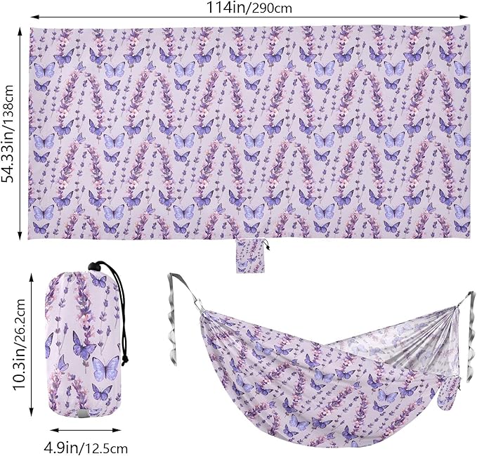 Camping Hammock Outdoor Hammocks for Outside Purple Butterfly Lavender Flower Beach Trees Portable Lightweight with Pockets Tree Straps Indoor