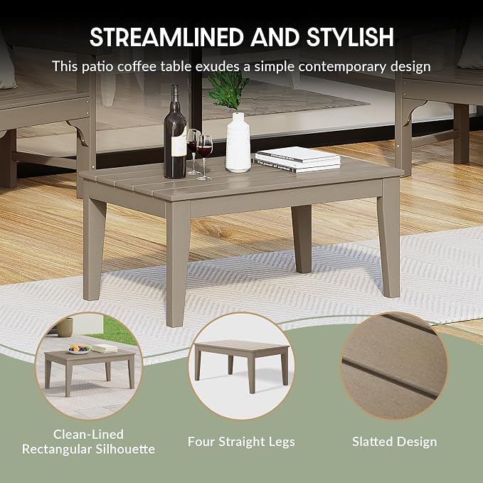 WestinTrends Malibu Low Outdoor HDPE Patio Rectangle Coffee Table, Weathered Wood