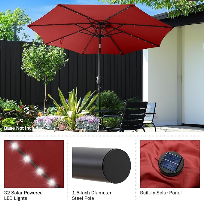 Pure Garden Patio Umbrella with Solar Lights - 9 Ft Outdoor Umbrella Shade with 32 LEDs and Auto Tilt for Deck, Table, Backyard, or Pool by Villacera (Red)