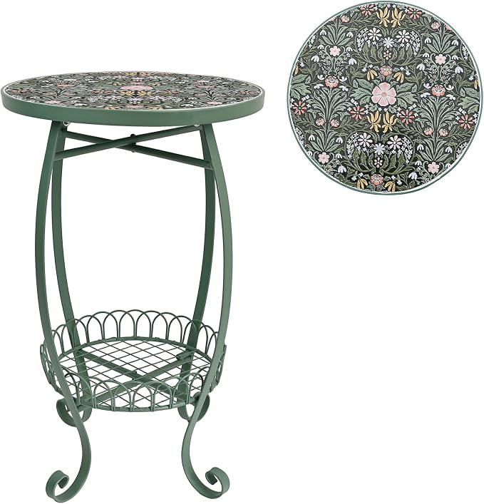 Vintage Floral Ceramic Top Side Table, 14" 2-Tier Green Metal End Table with Storage Basket, Indoor Outdoor Plant Stand for Living Room, Patio, Garden Decor
