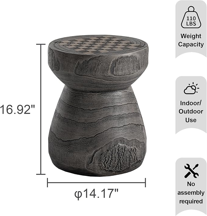 HOMPUS Outdoor Side Table with Checkerboard Grain Tabletop, Concrete Patio Table Mushroom Shaped, MgO Lightweight Round End Table Modern Vintage Round Coffee Table for Indoor Outdoor Use, Grey