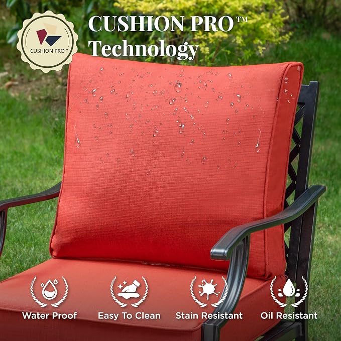 MIXPATIO Patio Furniture Set with Fire Pit Table, 5 Pcs Metal Outdoor Conversation Set, 4 Swivel Chairs with 5.75" Extra Thick Cushion and 28" Fire Pit Table for Backyard Deck, Red