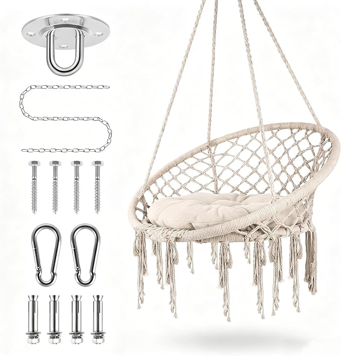 Indoor Hammock Chair, Patio Hammock Chair, 330 LBS Boho Hanging Swing, Foldable Hammock Chair for Living Room Bedroom Balcony Porch Garden Relax Use