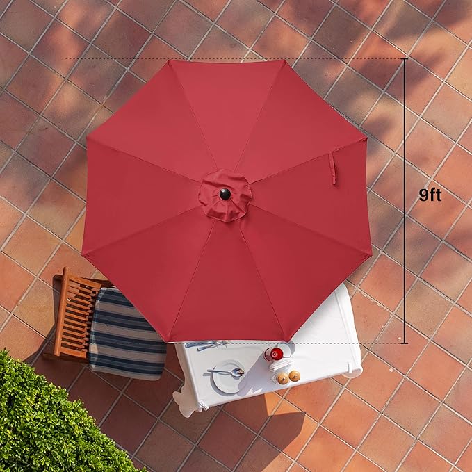 HealSmart 9' Outdoor Patio Umbrella, Market Table Umbrella with 8 Sturdy Ribs, Push Button Tilt and Crank for Garden, Yard, Pool, Red