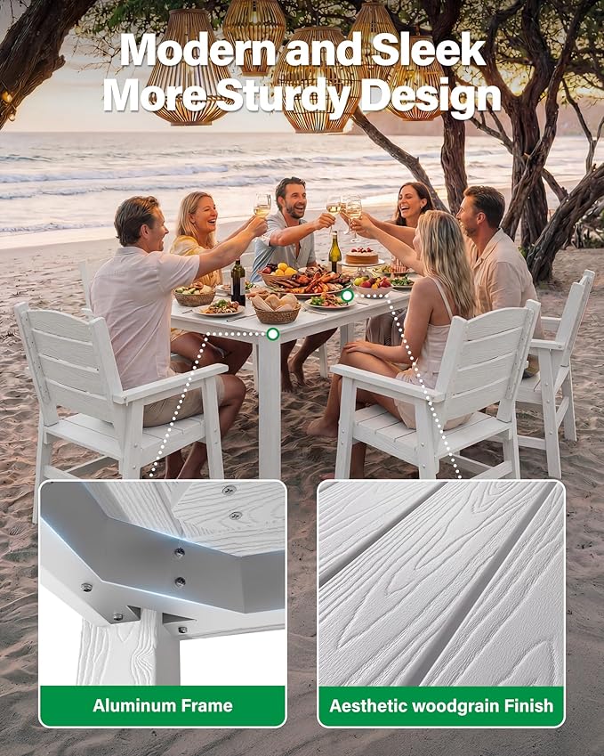 YEFU Patio Dining Sets 7-Piece: All-Weather Outdoor Table and Chairs with Umbrella Hole & Aluminum Frame - HIPS Patio Dining Set for 6 Modern Outside Furniture for Family Meals in Deck/Pool White
