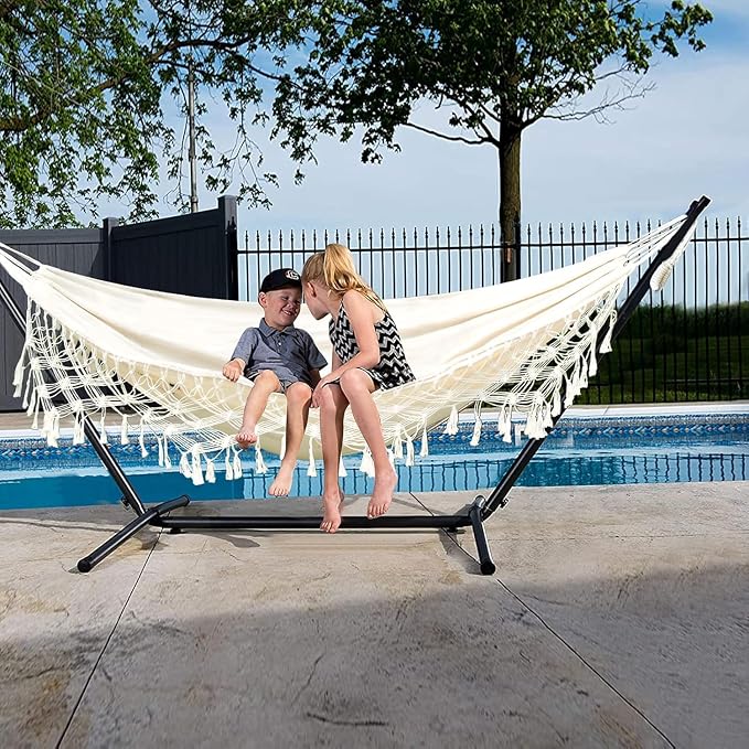Large Boho Brazilian Macrame Fringe Double Hammock Swing for 2 - Perfect Outdoor/Indoor Patio, Camping, Travel, Bedroom, Backyard - Cozy White Design