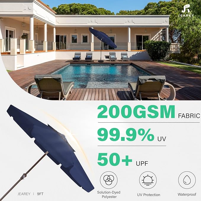 JEAREY 9' 2-Tiers Patio Umbrellas Outdoor Market Table Umbrella w/Push Button Tilt/Crank, 8 Sturdy Ribs, UV Protection Waterproof Sunproof(Navy Blue)