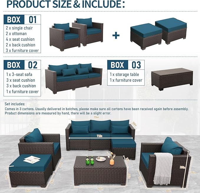 Patio Outdoor Furniture Conversation Sets 6 Pieces Wicker Sofa Set with Outdoor Couch Patio Chairs and Storage Table Non-Slip Cushions Waterproof Covers, Peacock Blue
