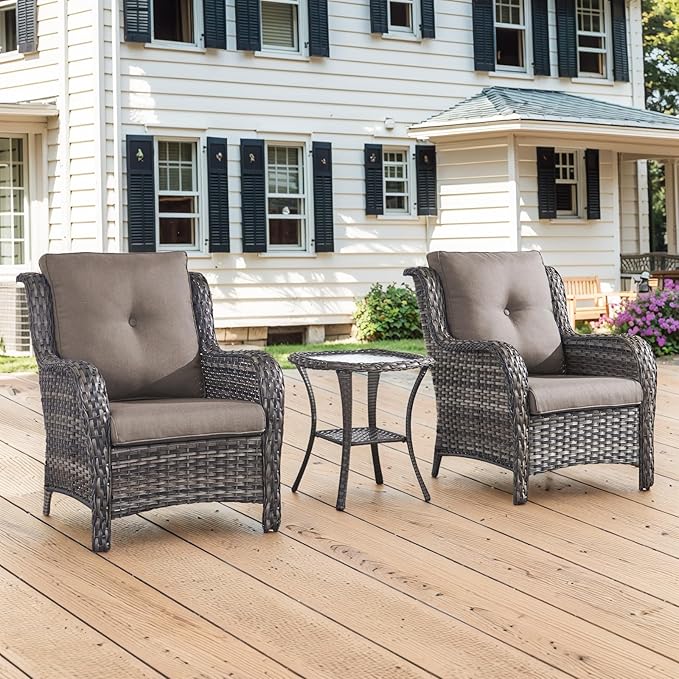 Belord Patio Chairs Outdoor Furniture Set, 3 Peices Porch Wicker Furniture with Side Table, Deep Seating Patio Bistro Chair Sets (Grey Cushion)