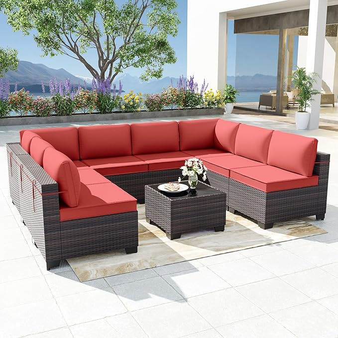 Patio Furniture Set 9pcs Outdoor Furniture for Backyard Sectional Sofa Set, Wicker Rattan Outdoor Conversation Set with 4 Inch Thickened Cushions and Coffee Table, Red