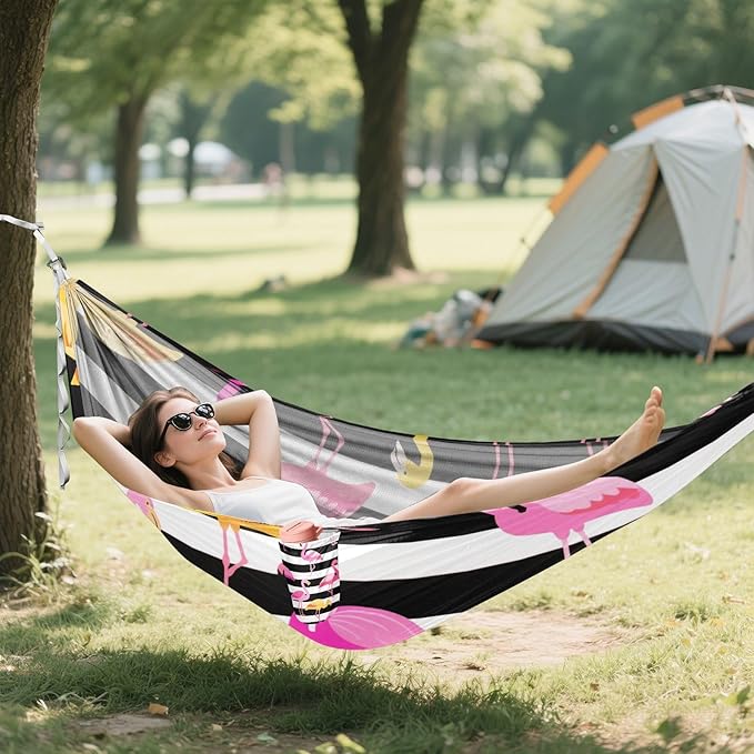 Black and White Striped Flamingo 330lb Capacity Hammocks with Tree Straps Backyard Hammock for Outside Patio Garden Base de hamaca para adultos