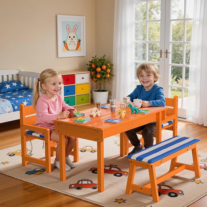 BRINJOY Kids Picnic Table, 4-in-1 Outdoor Wooden Table & Chair Set w/Umbrella & 2 Removable Boxes, Children Sand and Water Activity Table w/Cushioned Bench for Patio, Garden, Backyard