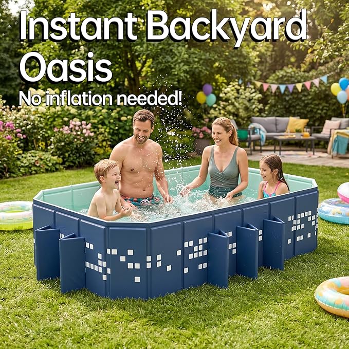 Large Foldable Swimming Pool, Mosaic Design Non-Inflatable Rectangular Pool, Oversized Thickened Framed Pool, Collapsible Pool for Kids Adults, Backyard Outdoor Pool 102.4"x65.0"x19.7"- Blue