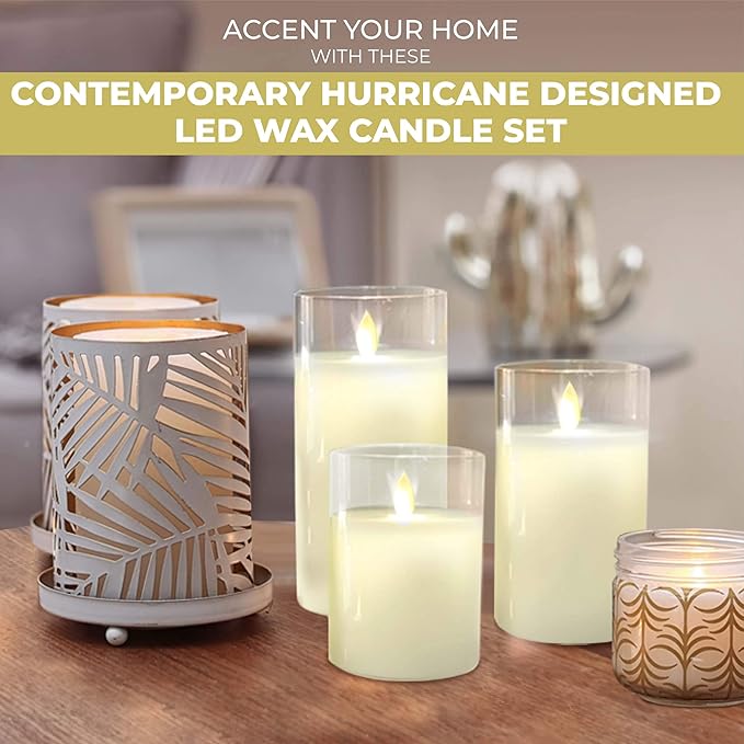 LumaBase Battery Operated Glass Hurricane LED Candles with Flickering Flame - Set of 3