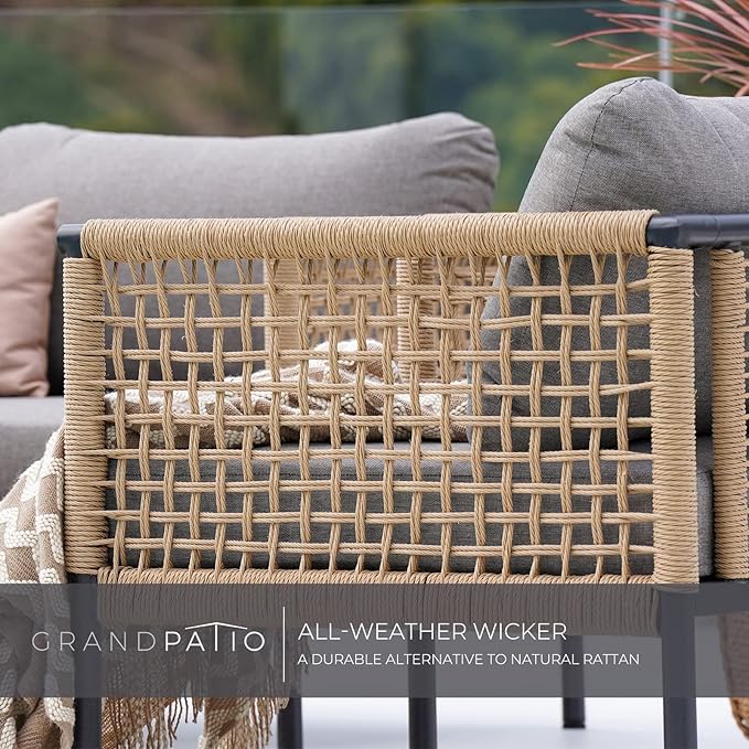 Grand patio 4-Piece Wicker Patio Furniture Set, Boho Outdoor Conversation Set, Patio Sofa Seatings with Coffee Table for Garden, Backyard, Balcony, Gray
