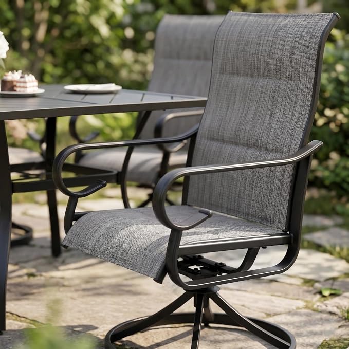 NUU GARDEN 7-Piece Outdoor Dining Set, Outdoor Table and Chair Set with Umbrella Hole, Padded Textilene Dining Table Set, All Weather Outdoor Table and Chairs for 6, Swivel Design, Light Gray