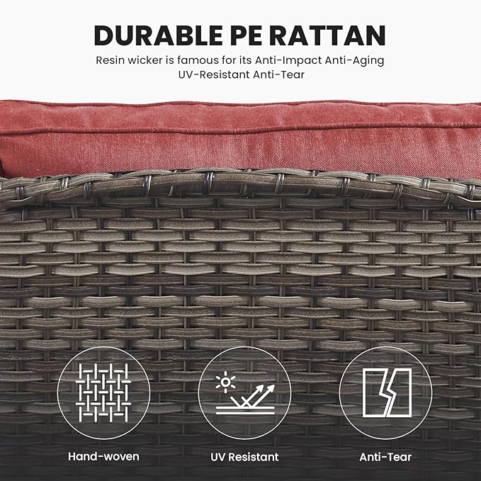 Belord Patio Wicker Furniture 4 Pieces Outdoor Furniture Set Patio Sofa Set with Wicker Chairs and Coffee Table, Paito Conversation Set for Porch Garden Deck Balcony Poolside Grey Red