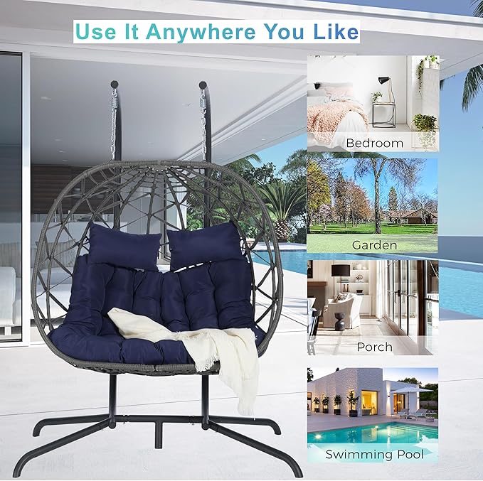 Double Egg Chair with Stand Outdoor Hanging Egg Swing Chair,Wicker Rattan Egg Chair Indoor Loveseat Chair with Cushion 500 lbs Capacity for Bedroom Balcony Patio (Gray+Blue)