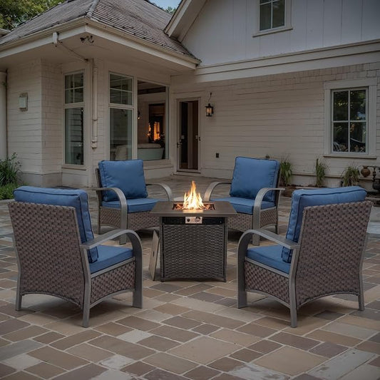 Belord 5 Piece Patio Furniture Set with Fire Pit Table - Outdoor Conversation Set with Propane Fire Pit and 4 Wicker Chairs for Backyard Patio or Casual Gathering Brown