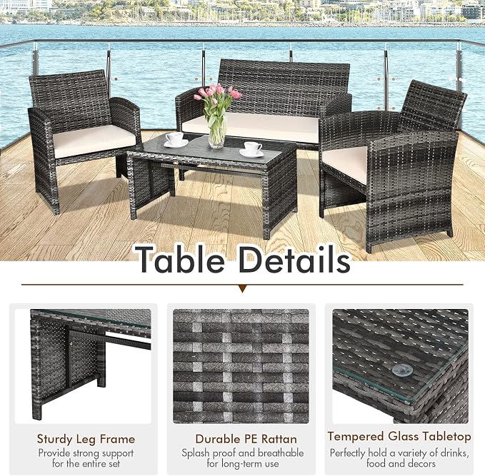 Outdoor Conversation Set, 4 Pieces Wicker Patio Furniture Set with Ergonomic Curved Design, Patio Chair Set with Water-Resistant Cushion & Tempered Glass Table for Backyard, Porch(Beige)