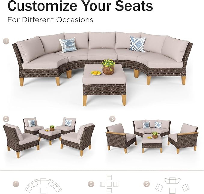 PHI VILLA 9-Piece Half Moon Patio Furniture Set with 56" Fire Pit Table, Outdoor Wicker Sectional Sofa with Thick Beige Cushions, 2 Ottomans, Large Curved Conversation Seating for Garden or Backyard