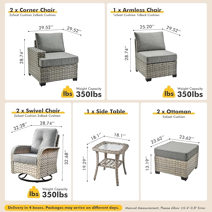 8 Pcs Outdoor Sectional Patio Furniture Set with Swivel Rocking Chair and Ottomans - All Weather Wicker Outside Sectional Couch,Patio Seating Outdoor Conversation Sets for Deck Yard Garden,Dark Grey