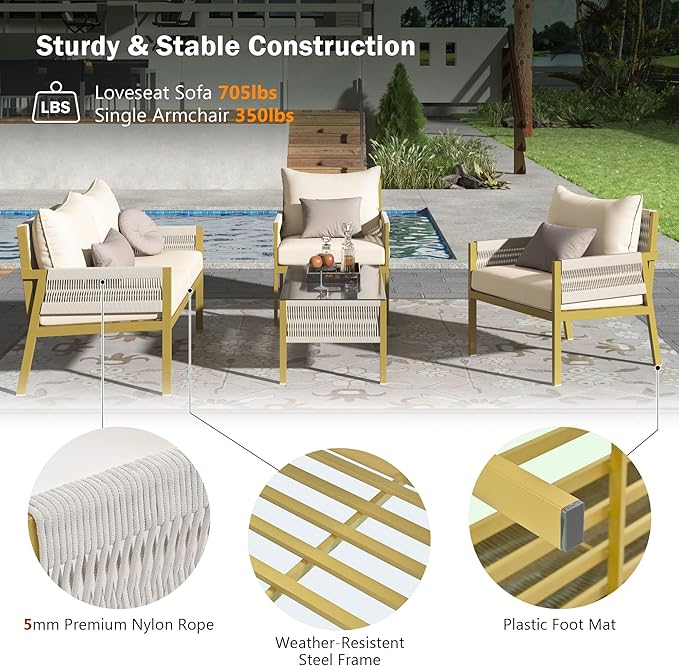 4-Piece Rope Patio Furniture Set, Outdoor Furniture with Tempered Glass Table, Patio Conversation Set Deep Seating with Thick Cushion for Backyard Porch Balcony (Beige&Mustard Yellow)