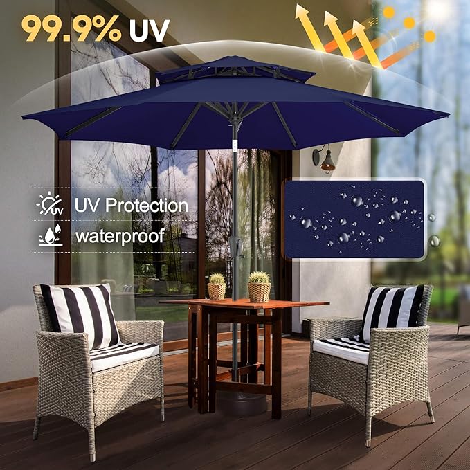FLAME&SHADE 9ft Patio Umbrella - 2 Tiers Outdoor Umbrella with Push Button Tilt and Crank for UV Protection, Table Market Umbrella for Garden, Deck, Backyard, Pool and Beach(Navy Blue)
