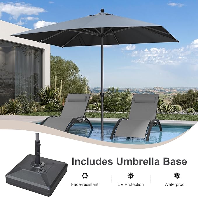 PURPLE LEAF 10' x 8' Rectangle Patio Market Umbrella with Base Outdoor Table Umbrellas Aluminum Frame Sun Shade with 8 Sturdy Ribs for Garden Deck Lawn Pool Light Gray