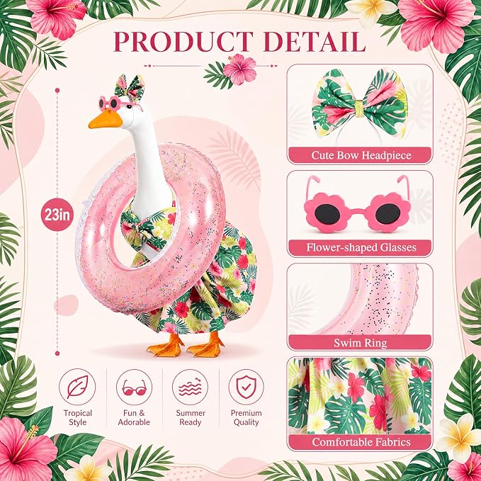 Summer Porch Goose Outfit with Sunglasses and Swim Ring for 23" Goose Statue Hawaiian Bikini Goose Outfits Porch Goose Clothes Costume for Garden Lawn Yard Decor(Hawaiian Flowers)