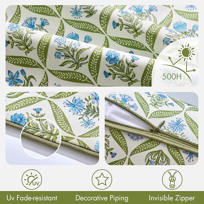 ANRODUO Floral Outdoor Pillow Covers 12x20 Waterproof Set of 2 Lumbar Block Print Decorative Cushion Cases with Refined Edge Piping for Summer Patio Porch Garden Couch Sofa Bench Decor Green