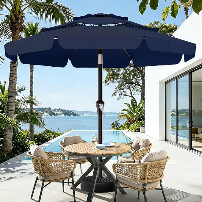 AreShark 9FT 3-Tiers Patio Umbrella with Valance, Outdoor Umbrellas with Crank/Tilt, Table Market Umbrella Vented w/ 8 Sturdy Ribs for Garden, Deck, Backyard, and Pool, Navy