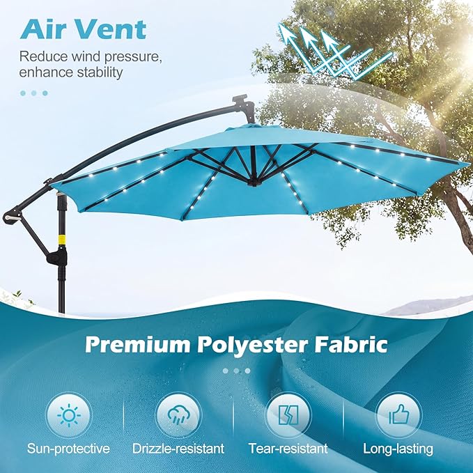 Tangkula 10ft Solar Patio Umbrella with Base Included, Offset Cantilever Outdoor Umbrella with 32 LED Lights, 360 Degree Rotation, Crank Handle for Pool Deck Garden Backyard (Turquoise)