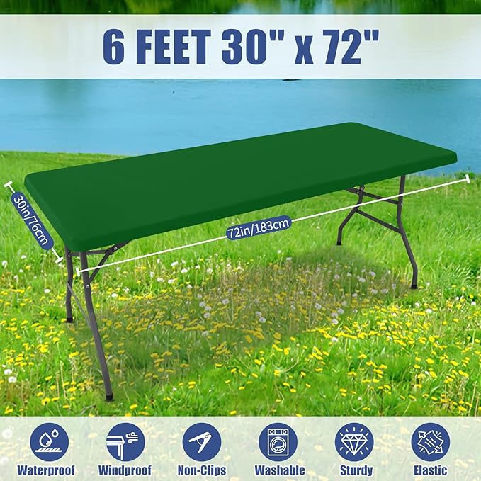 Moosfor Spandex 6 Foot Rectangle Table Cloth 2 Pack, Elastic Fitted Tablecloths for Picnic, Stretch Washable Patio Table Cover for Outdoor, Camping, Banquet and Parties (Emerald Green, 30"x72")