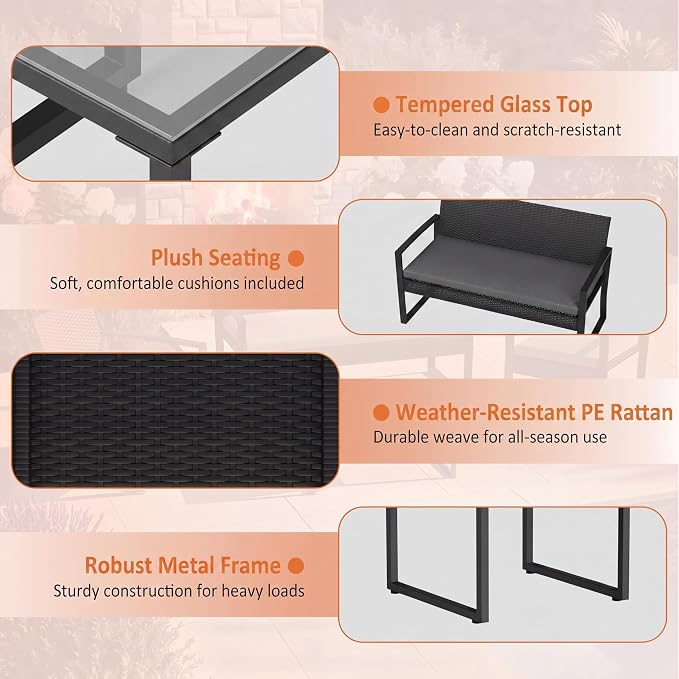 IDEALHOUSE Outside Patio Furniture Set, 4 Piece Outdoor Wicker Rocking Chair Conversation Set with Glass Coffee Table, PE Rattan Patio Furniture for Backyard, Porch, Patio, Poolside