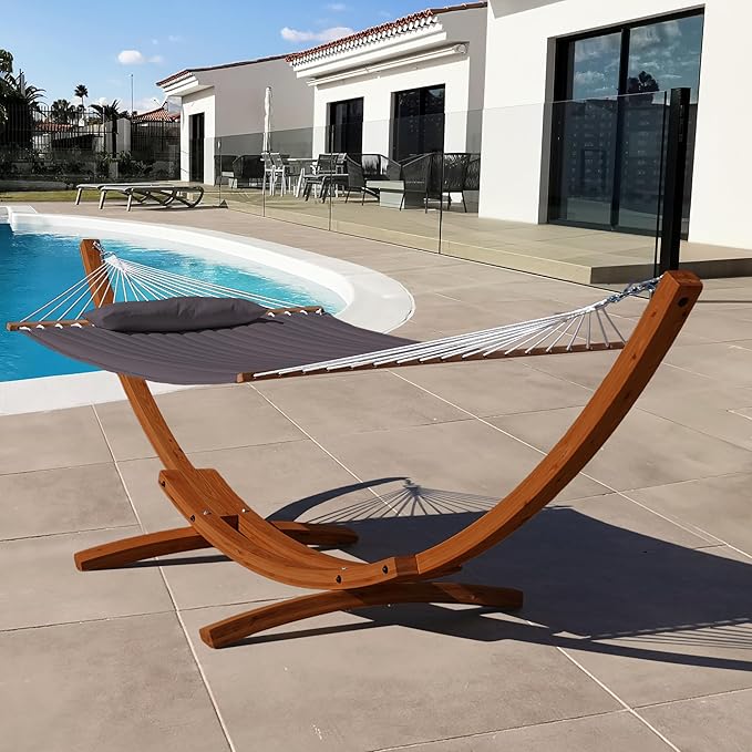 Lazy Daze Hammocks 12 FT Double Quilted Fabric Hammock and 13 FT Brown Wood Arc Stand, with Spreader Bar, Removable Pillow, 2 Person Hammock for Poolside Outdoor Patio, 450 lbs Capacity, Dark Gray