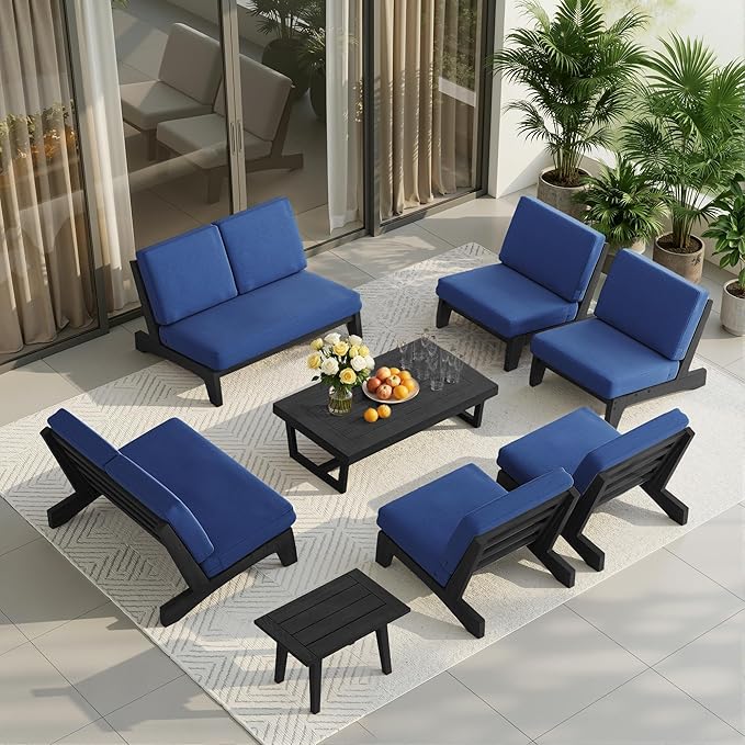 UIXE 8 Pieces All Weather Black Wood Patio Furniture Sets, 2 Patio Loveseat, 4 Patio Bistro Chair, Outdoor Sectional Sofa Furniture Backyard Conversation Set with Coffee Table - Navy