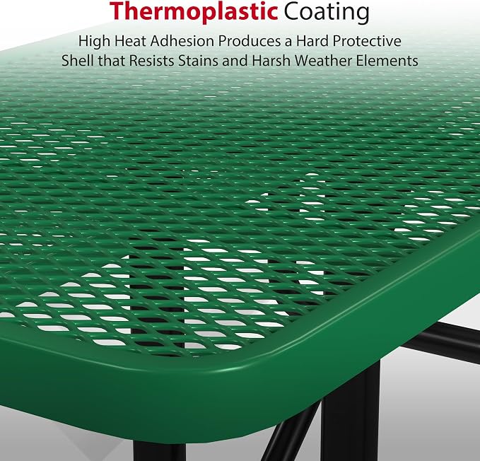 Leisure Craft Metal Picnic Table with Bench - 8 ft Rectangle Outdoor Dining Table with Umbrella Hole, Heavy Duty Thermoplastic Coating, ADA Compliant, Commercial Grade Furniture Made in USA - Green