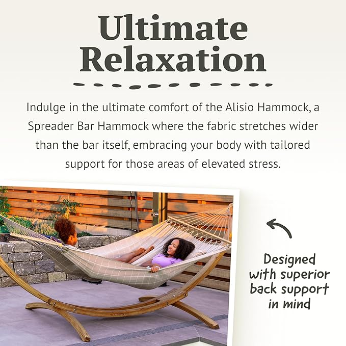 LA Siesta® Alisio Hammock with Spreader Bar & Elipso Stand, Outdoor Hammock with Stand Included, Larch Wood Stand - Weatherproof Outdoor Hammock, 2 Person Hammock w/Stand - Max 355 Lbs, Almond