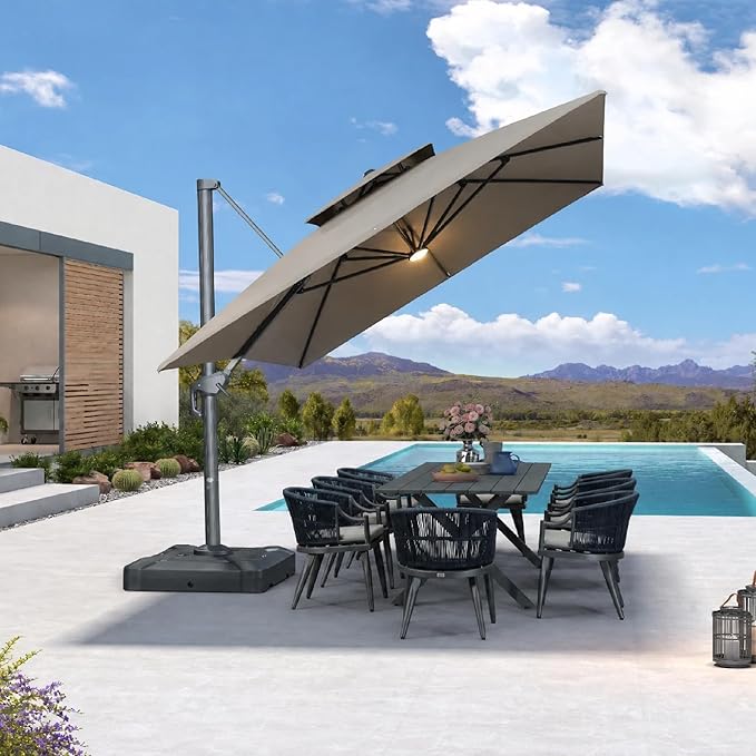 PURPLE LEAF 10' x 13' Cantilever Patio Umbrella with Light, 330lbs Base Large Rectangular Windproof Offset Umbrella for Pool Deck Garden, Ash Mocha