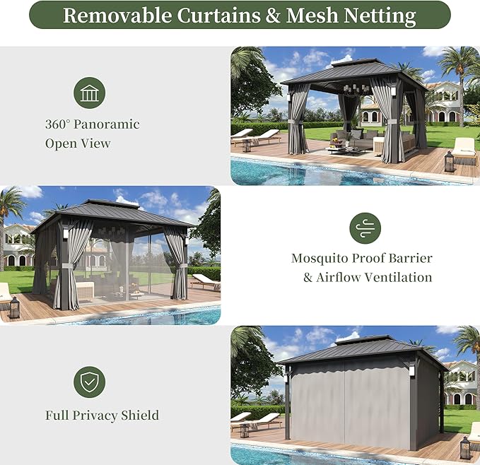 Aoxun 12'x12' Hardtop Gazebo with 4 LED Lights, Outdoor Gazebo with Galvanized Steel Double Roof, Patio Gazebo with Breathable Netting & Privacy Curtain, Decor Hooks for Backyard, Gray