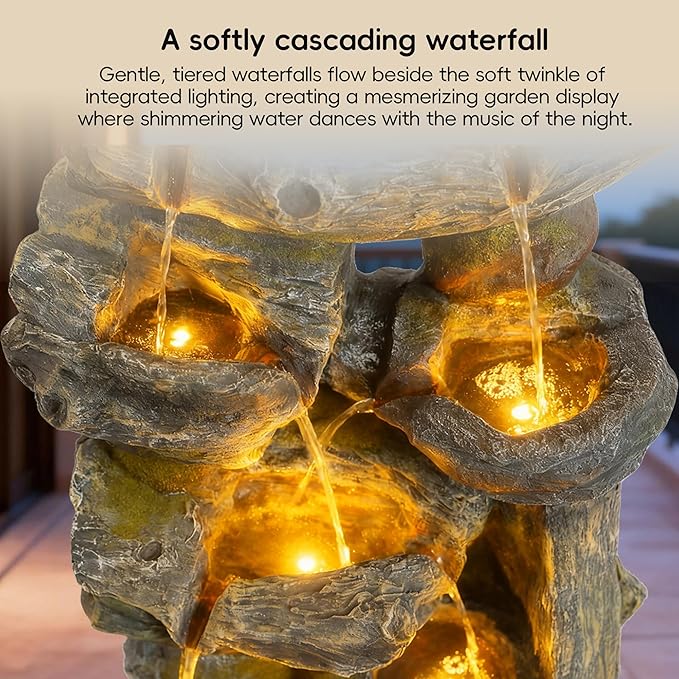 7-Tier Cascading Outdoor Fountain with LED Lights, 37.2" H Fountains and Waterfalls Realistic Tree Trunk for Garden, Patio, Yard Decor