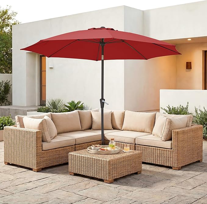 JEAREY 9FT Outdoor Patio Umbrella,Market Table Umbrella with 8 Fiberglass Ribs, Pool Umbrella with Tilt and Crank, UV Protection Lightweight & Wind-Resistant for Lawn, Garden, Deck and Backyard, Red