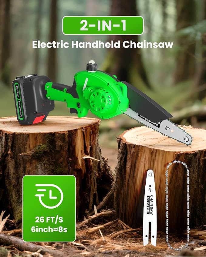 Mini Chainsaw with 1000W Brushless Motor, 8 inch & 6 inch 2 Rechargeable Batteries Handheld Small Chain Saw for Wood Cutting, Gardening Gifts for Father Dad Men